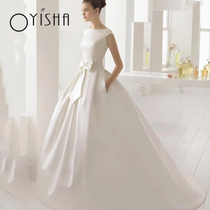 Top Trends: OYISHA Simple Satin Wedding Dresses For Bride 2023 Illusion Back Appliques Lace Bridal Gowns Bow Button A-Line Vestidos De Novia Shoppable Styles