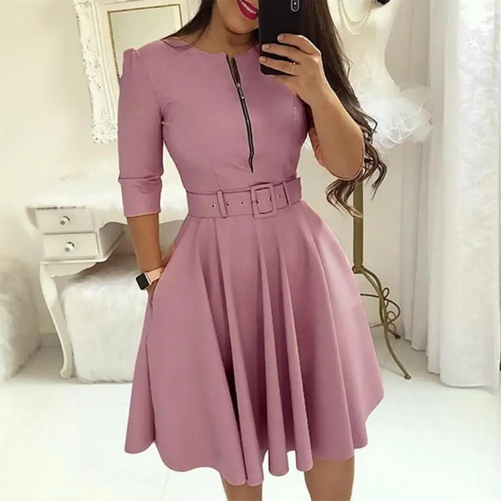 Top Trends: Women Dress Casual Solid Color With Belt Tight Waist A-line Dress-up Knee Length Zipper Lady Fall Dress Female Clothes Shoppable Styles