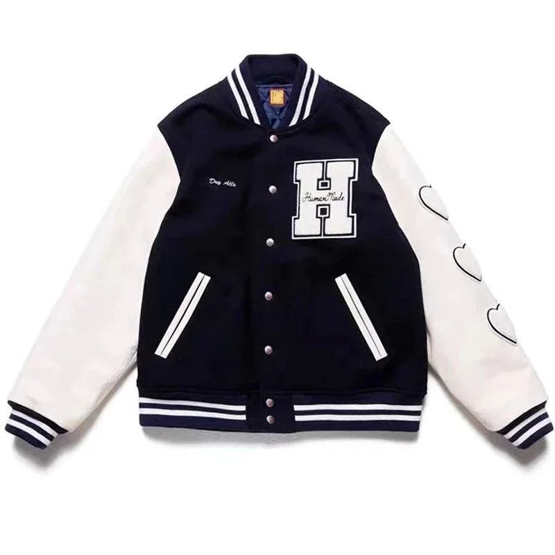 Top Trends: H Letter Baseball Varsity Jacket Men Oversize Women Coats Leather Sleeve Navy Blue Heart Flock Vintage Baggy Jaqueta Masculina Shoppable Styles