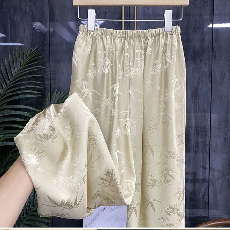 Top Trends: Spring Summer Solid Color Wide Leg Trousers Women High Street Fashion Casual Loose Elastic Waist Jacquard Weave Straight Pants Shoppable Styles - Image 4