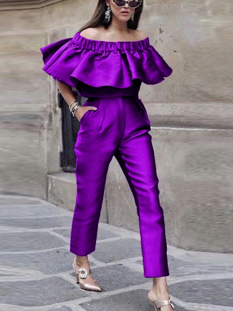 Top Trends: Purple Two Piece Set Women Off Shoulder Crop Tops With High Waist Pants For Ladeis Office Work Daily Evening Party Pants Sets Shoppable Styles