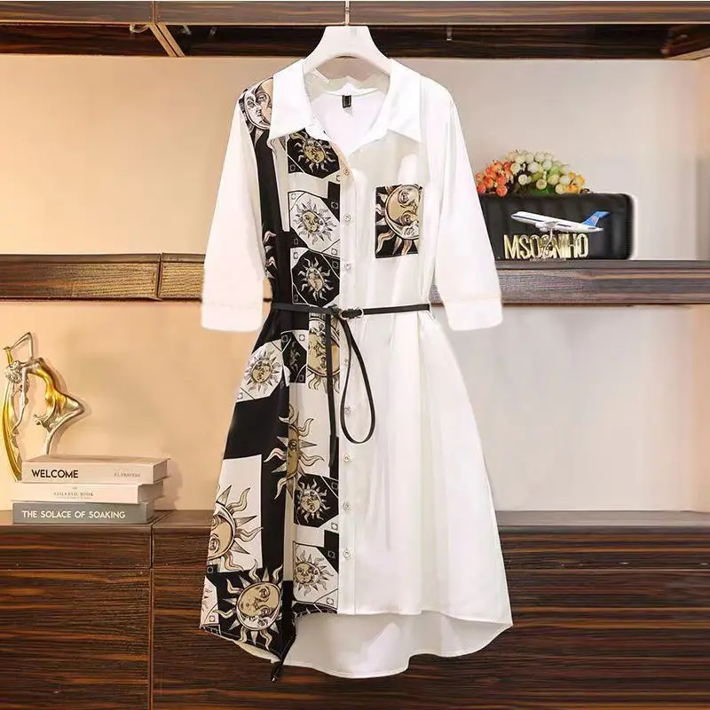 Top Trends: Women&#039;s Clothing Office Lady Fashion Casual Loose Printing Button Short Sleeve Turn-down Collar Temperament Asymmetrical Dresses Shoppable Styles