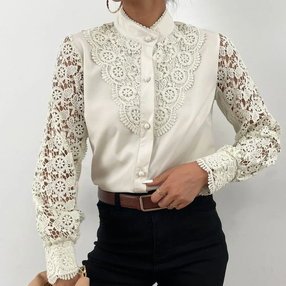 Top Trends: Women's Lace Vintage Long Sleeve Shirt Spring Summer Slim Fit Women's Top White Shirt Grace Office Work Clothes Business Wear Shoppable Styles