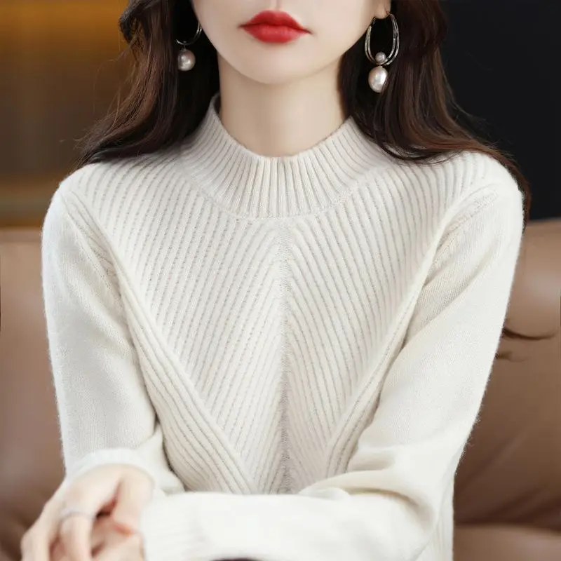 Top Trends: Thickened Half High Collar Various Colors Knitting Sweater Cross Striation Loose Slightly Elastic Long Sleeve Female Pullovers Shoppable Styles - Image 2