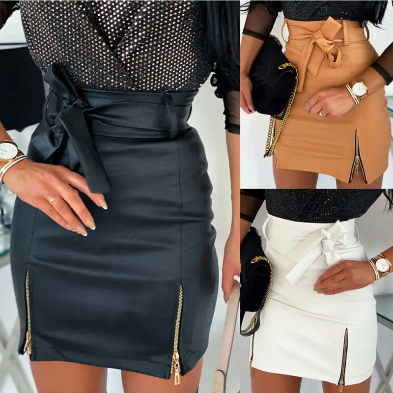 Top Trends: Fashion Women Skirt Mini Slim Skirt High Waist Split Office Ladies PU Leather Pencil Bodycon Skirt Shoppable Styles