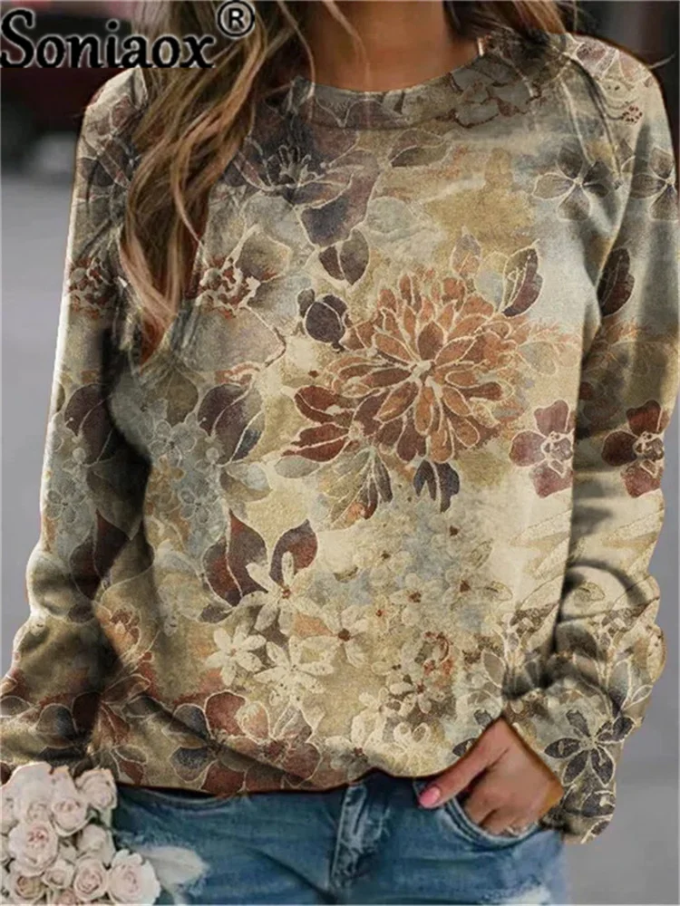 Top Trends: 2022 Autumn Long Sleeves Casual Loose Pullover Sweater Women Harajuku Graphic Blouse O Neck Tops Floral Print Ladies Sweatshirt Shoppable Styles