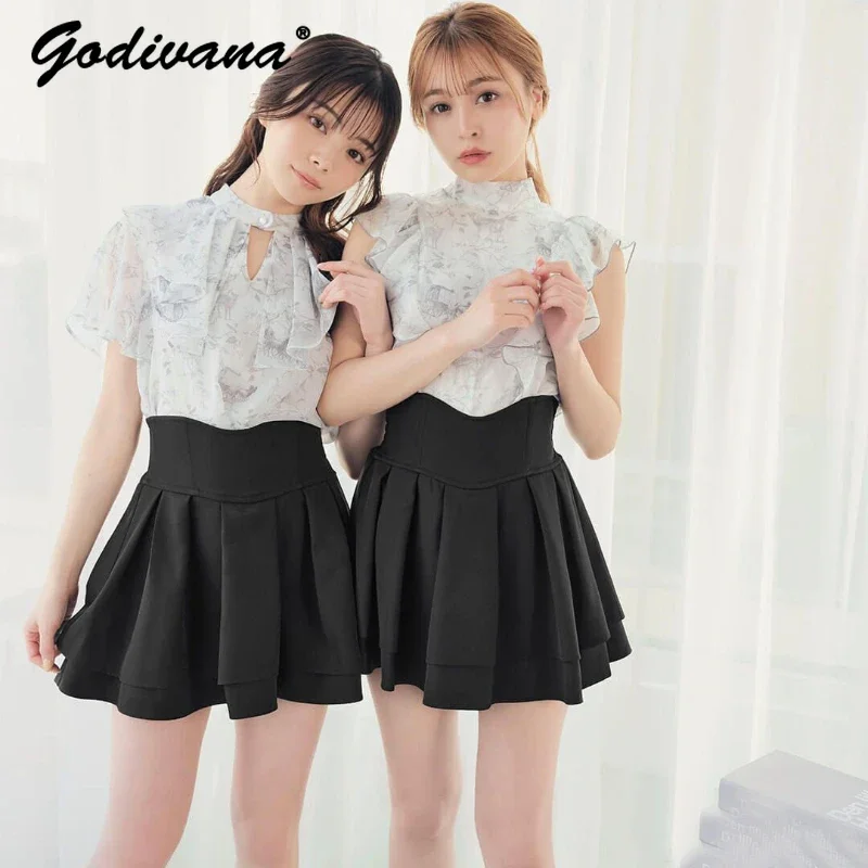 Top Trends: Japanese Black Skirts Women 2023 Spring Autumn Radian Waistline Slim Short Pleated Skirt High Waist Female Mini Skirt Culottes Shoppable Styles