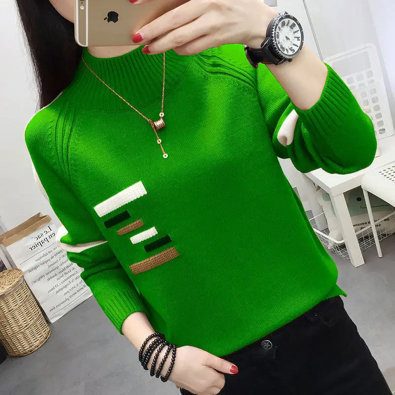 Top Trends: Fashion Half High Collar Knitted Spliced Loose Sweater Women&#039;s Clothing 2022 Autumn New Oversized Casual Pullovers Tops Shoppable Styles