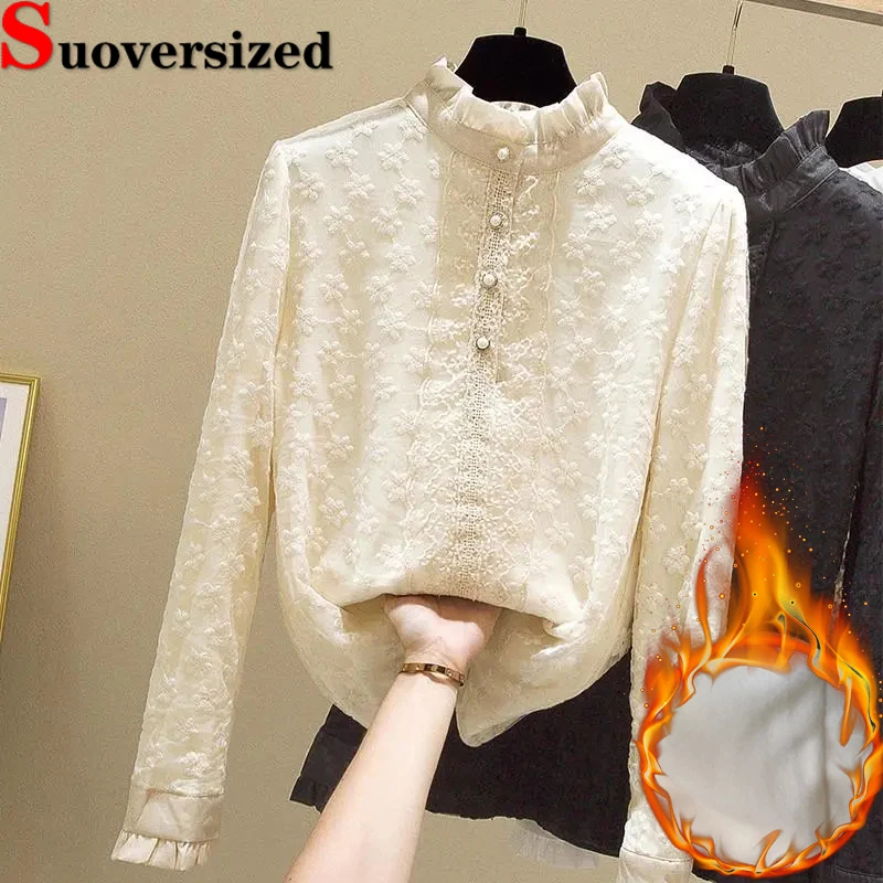 Top Trends: Lace Plus Velvet Warm T-shirts O Neck Long Sleeve Tops Winter Thick Bottomed Tees Elegant Korean Women Oversized 4xl Camisetas Shoppable Styles