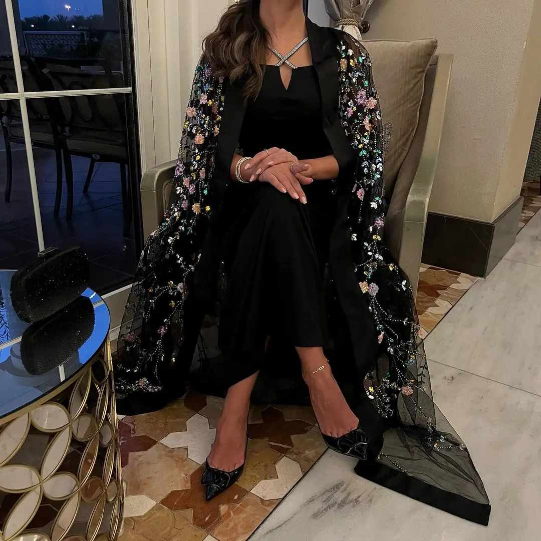 Top Trends: Saudi Arabia Formal Elegant Women Evening Dresses Two Pieces 3D Flowers Sequins Prom Dresses Cape Ankle-Length Black Party Gowns Shoppable Styles