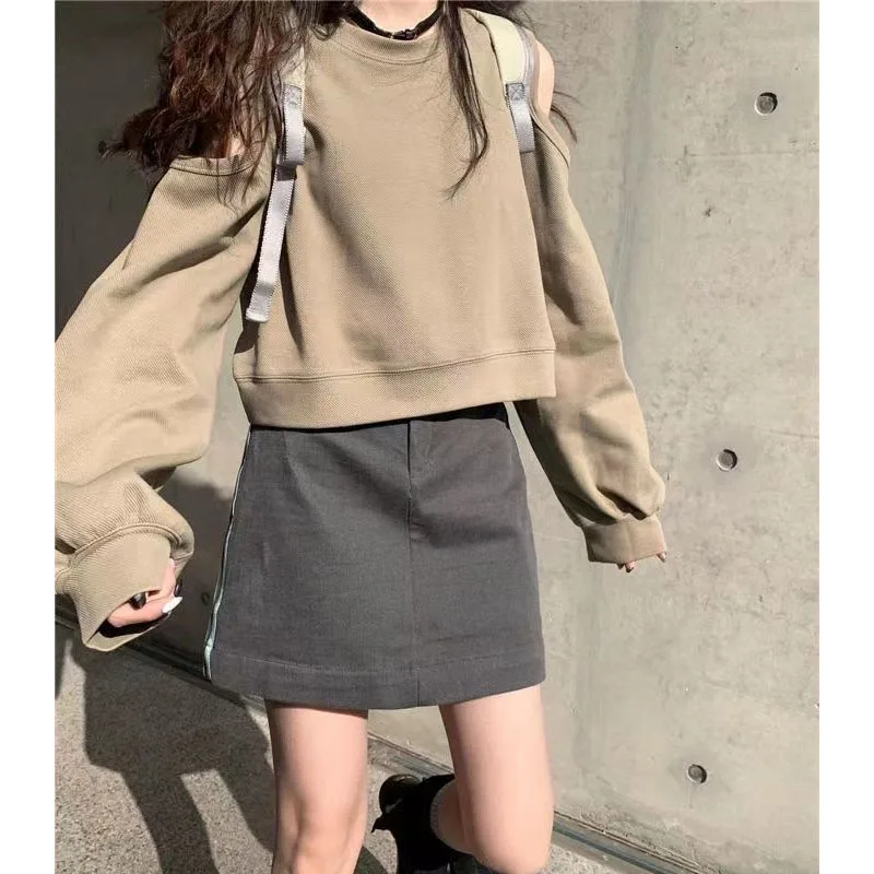 Top Trends: New Fashion Trend Off Shoulder Solid Color Sweatshirts Women's Clothing Autumn Winter Simplicity All-match Hollow Out Pullovers Shoppable Styles - Image 3