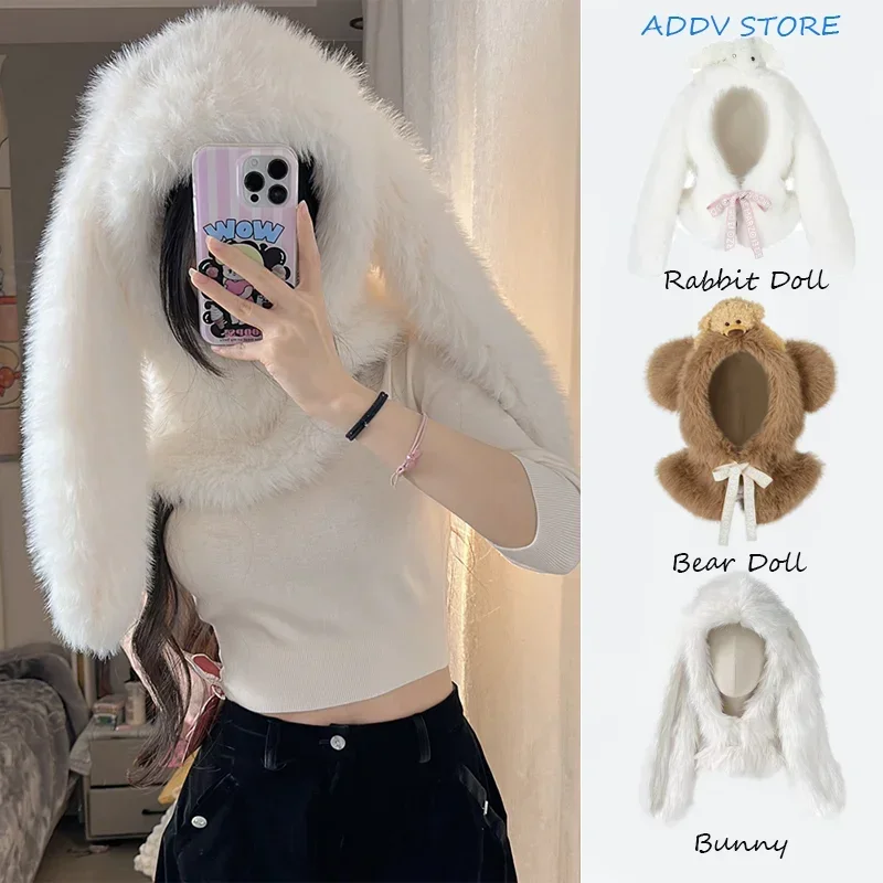 Top Trends: Women's Fur Balaclava Hat Cute Rabbit Ears Plush Hat Winter Warm Thickened Anti-cold Scarf One Three-dimensional Doll Cap Shoppable Styles