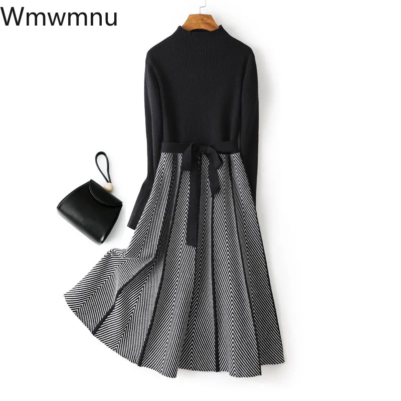 Top Trends: Korean Belted Pleated Knitted Dress Autumn Winter Women Elegant Half Turtleneck Sweater Dresses Casual Midi Vestidos Mujer 2022 Shoppable Styles