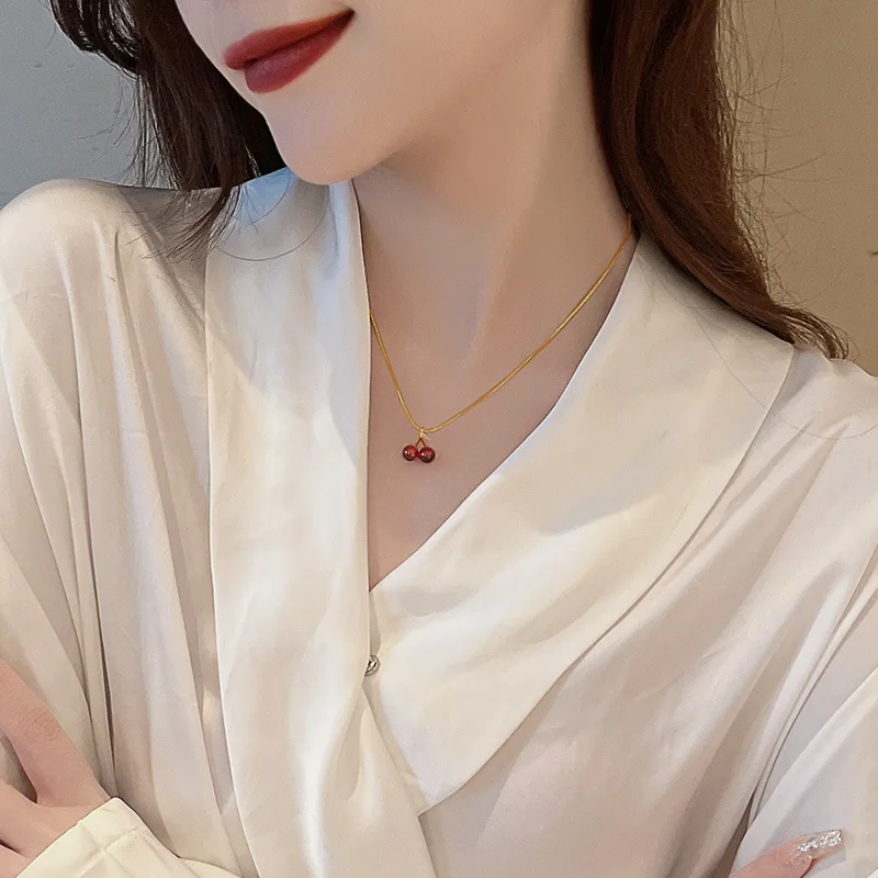 Top Trends: New Wine Red Cherry Gold Colour Pendant Necklace For Women Personality Fashion Necklace Wedding Jewelry Birthday Gifts Shoppable Styles - Image 3