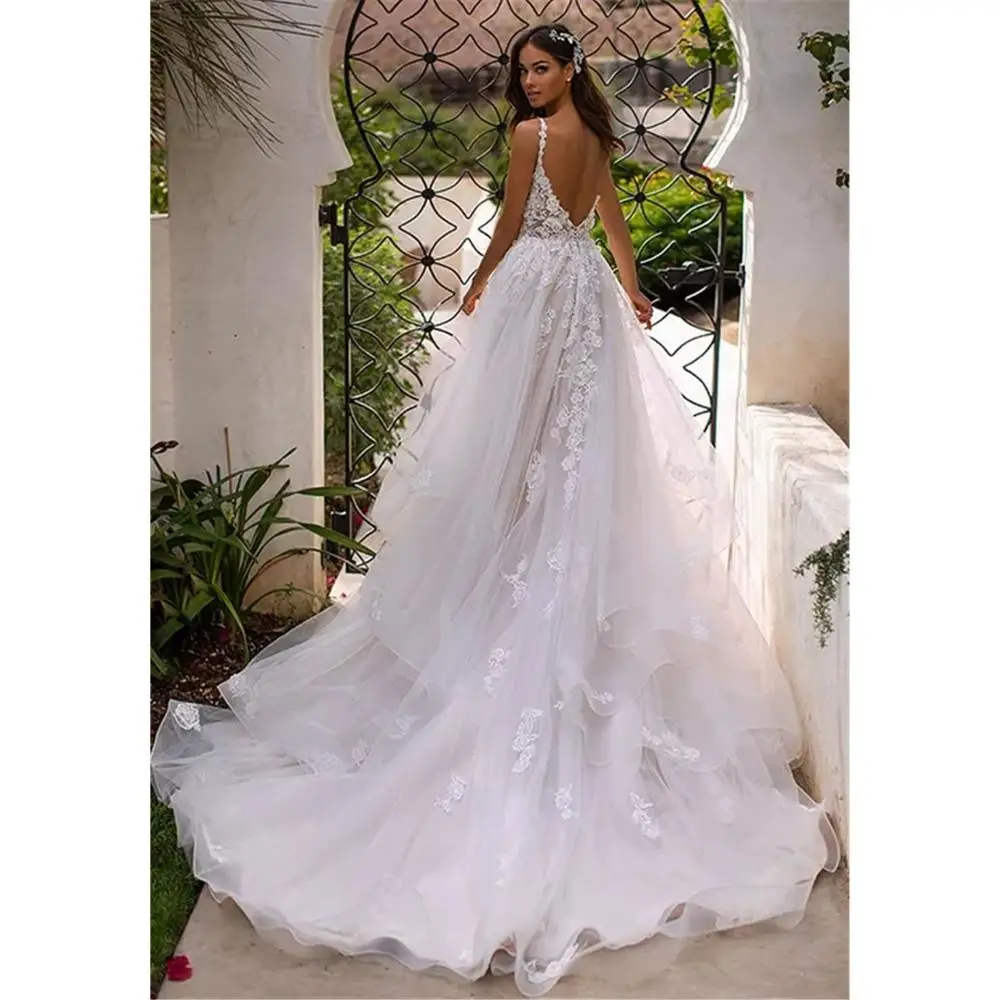 Top Trends: Long Boho A-Line Backless Wedding Dress 3D Flowers Spaghetti Straps Bride Dresses Princess Floor Length Wedding Gown Shoppable Styles - Image 2