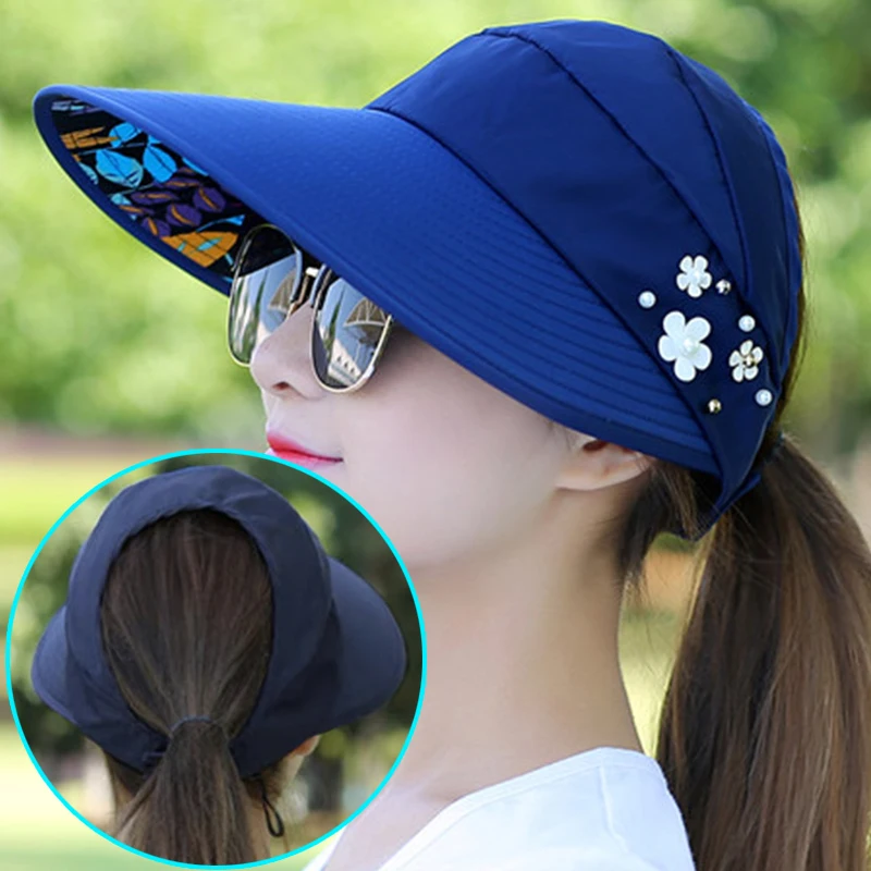 Top Trends: Summer Women Sun Hat Foldable Flower Pearl Visor Suncreen Floppy Cap Outdoor Casual Wide Brim Woman Baseball Cap Bucket Hat Shoppable Styles