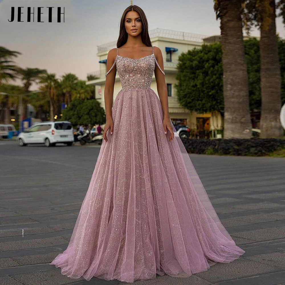 Top Trends: JEHETH Blush Pink Sequin Prom Dress Tulle Spaghetti Strap A Line Long Formal Evening Party Gowns For Women Floor Length Lace Up Shoppable Styles