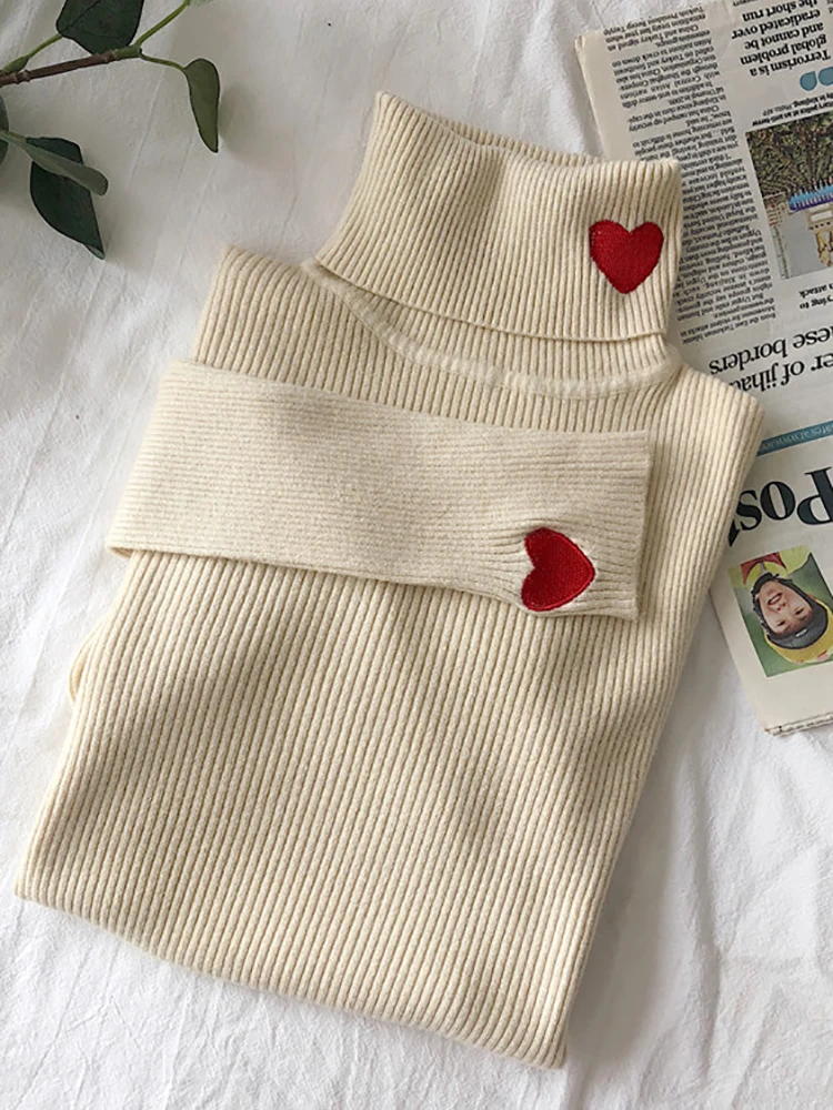 Top Trends: 2024 Knitted Women Sweater Ribbed Pullovers Heart Embroidery Turtleneck Autumn Winter Basic Women Sweaters Fit Soft Warm Tops Shoppable Styles