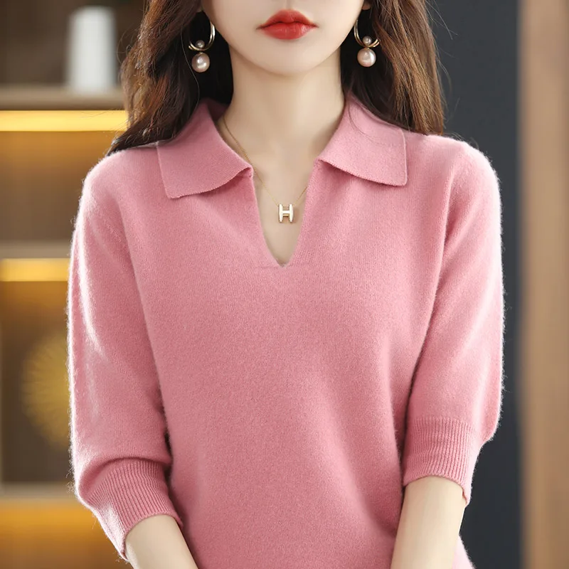 Top Trends: 23 Spring And Autumn New Cashmere Sweater Women&#039;s T-Shirt 100% Pure Wool Knitted Sweater Loose Thin Pullover Short-Sleeved Trend Shoppable Styles