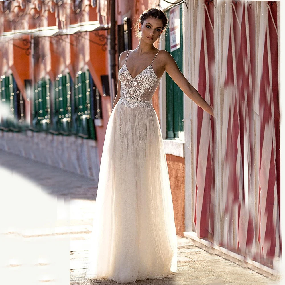 Top Trends: Sexy Spaghetti Straps Wedding Dresses Lace Appliques Backless Tulle Bridal Gown Robe De Mariee Court Train A Line For Women Shoppable Styles