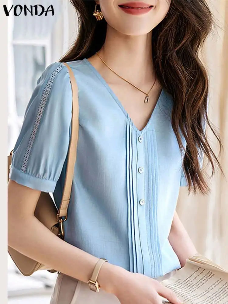 Top Trends: VONDA Summer Short Sleeve Shirts 2024 Women Blouses Fashion Sexy V-neck Tops Elegant Solid Color Blusas Feminians Casual Tunic Shoppable Styles