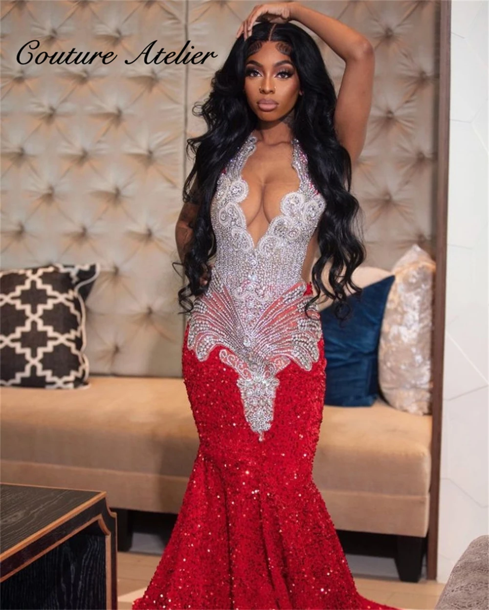 Top Trends: New In Red Sequin Prom Dresses For Black Girls African Silver Beaded Crystal Birthday Party Dress Mermaid Evening Dress Cocktail Shoppable Styles