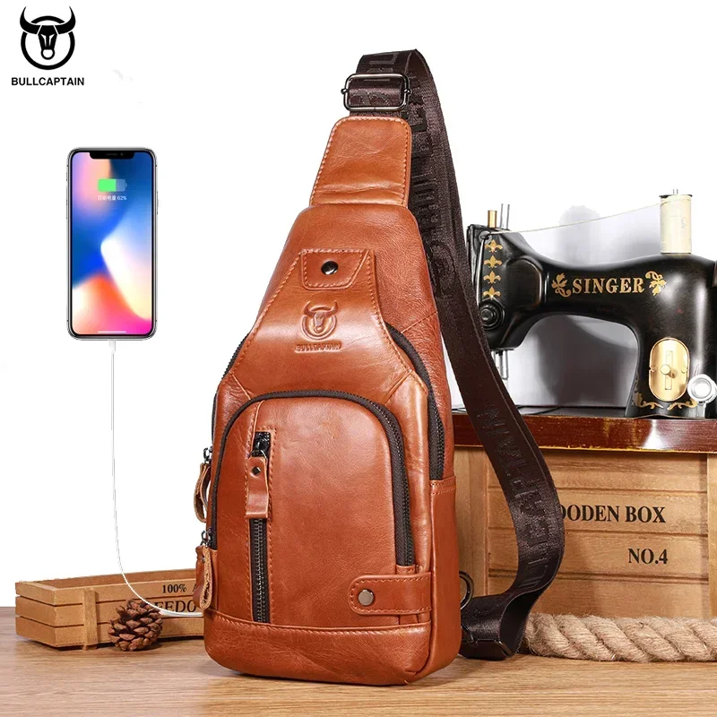 Top Trends: BULLCAPTAIN Leather Men's Chest Pocket One Crossbody Bags With USB Rechargeable Chest Bag Can Be Used For 7.9 Inch IPai Pockets Shoppable Styles