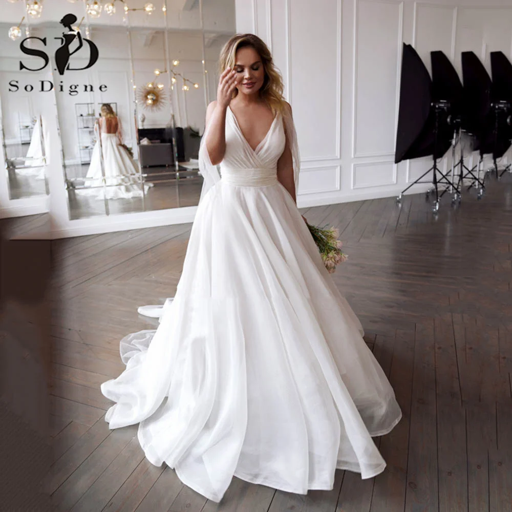 Top Trends: SoDigne Modern V-neck A Line Wedding Dress Organza Plus Size Wedding Gowns Sexy Backless Sleeveless Bridal Party Dress Shoppable Styles