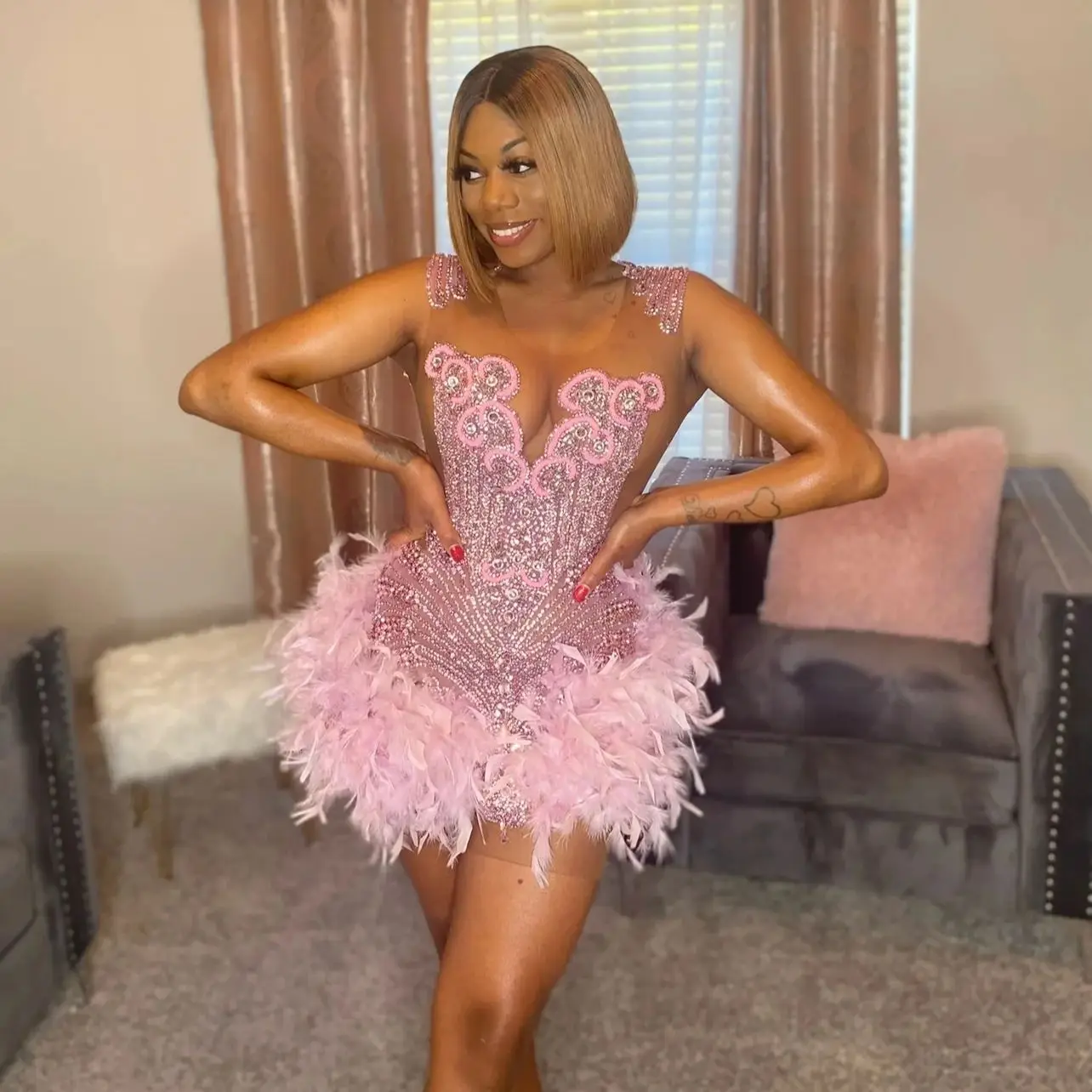 Top Trends: Feather Pink See Through Short Black Girl Prom Dresses Beaded African Cocktail Dresses Women Party Gowns Birthday Homecoming Shoppable Styles