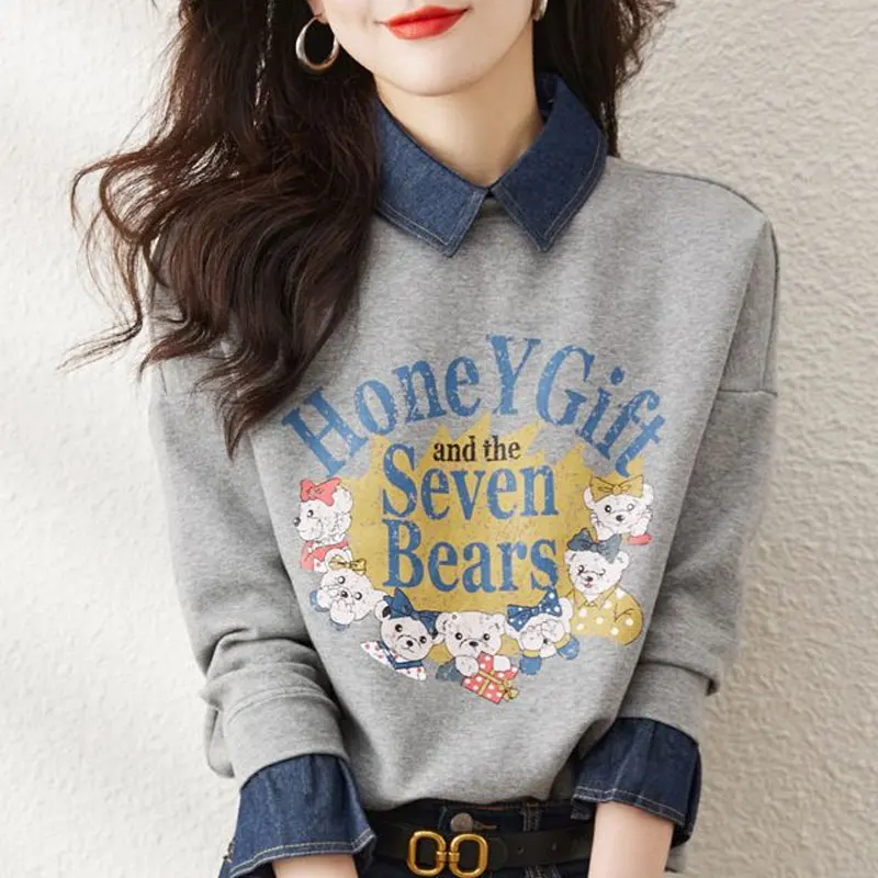 Top Trends: Casual Fashion Cartoon Printed Letter Sweatshirts Spring Autumn Commute Denim Spliced Women's Clothing Korean Loose Pullovers Shoppable Styles