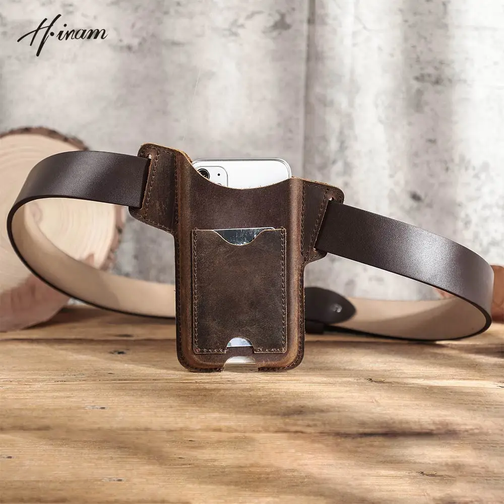 Top Trends: Mobile Phone Waist Bag Men's Belt Fanny Running Pocket 100% Cow Leather Handmade Cellphone Waist Bag Loop Holster Outdoor Sport Shoppable Styles