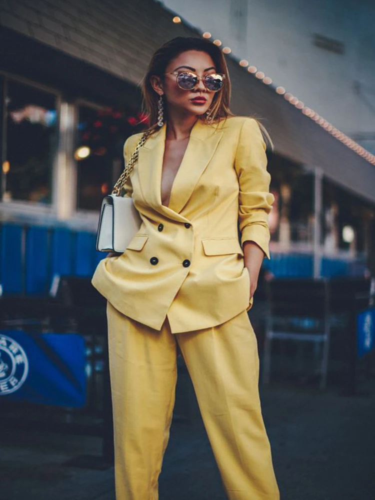 Top Trends: Women's Pant Set Double Breasted Jacket Yellow Business Formal Tuxedo Fashion Blazer Trousers 2 Piece Set Shoppable Styles - Image 2