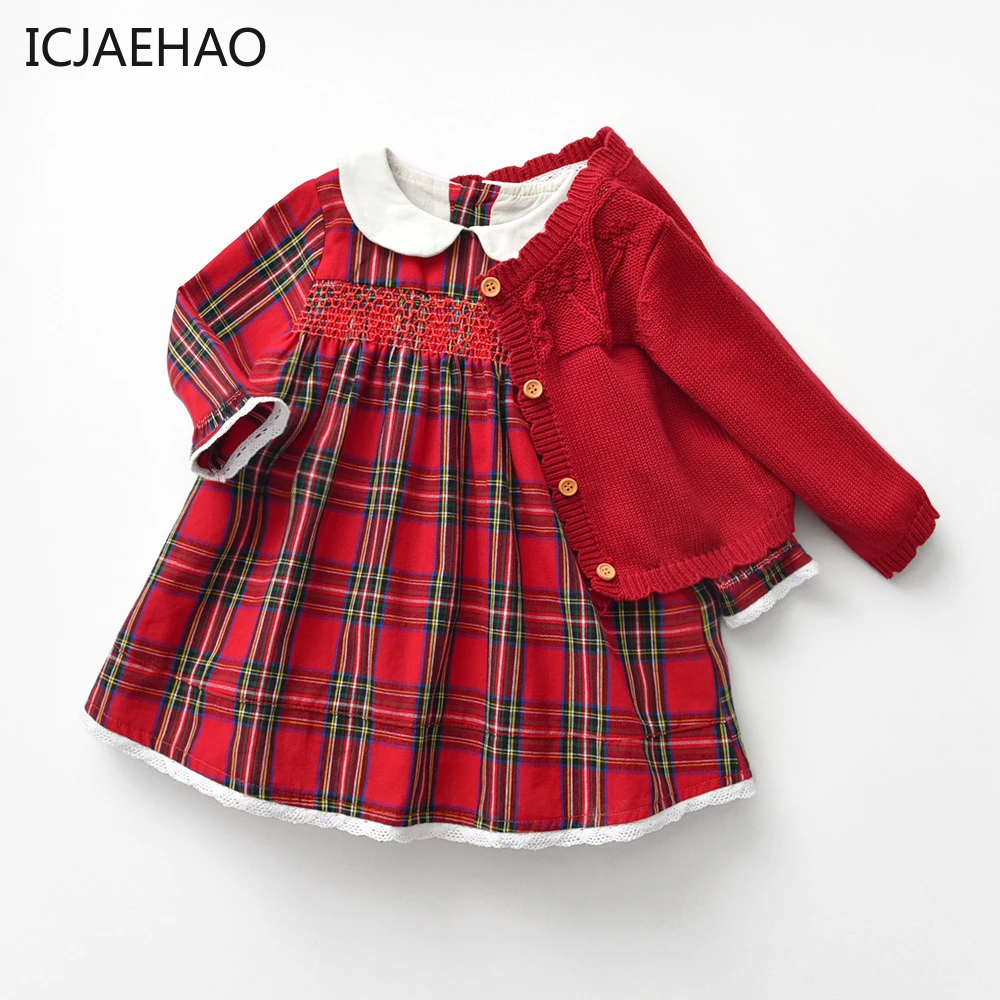 Top Trends: Children Newborns Dresses Sets For Baby Girls Sweater Cardigan Hairband Kid Boutique Outfit Peter Pan Plaid Dresses Xmas Clothes Shoppable Styles