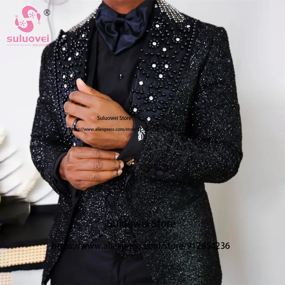 Top Trends: Sparkly Sequined Crystal Beaded Suits For Men Luxury Slim Fit 3 Piece Pants Set Groom Wedding Party Prom Tuxedo Blazer Masculino Shoppable Styles