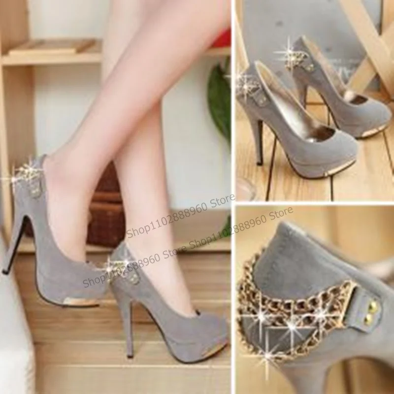 Top Trends: Gray Flock Platform Crystal Metal Chain Decor Pumps Stilettos High Heel Women Shoes Slip-On Round Toe 2023 Zapatos Para Mujere Shoppable Styles