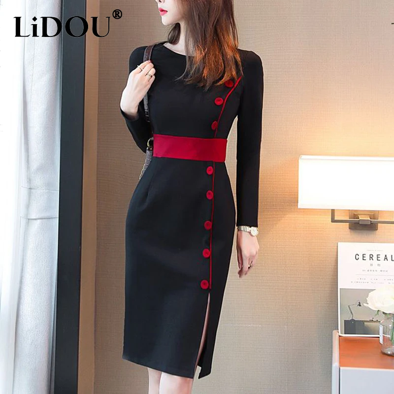 Top Trends: Autumn Winter High Waist Buttons Bodycon Dress Women Elegant Fashion Evening Dresses Ladies Temperament Robe Vestido De Fiesta Shoppable Styles