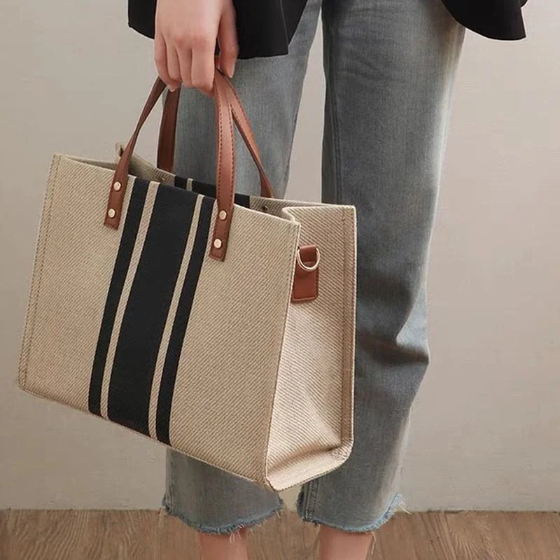 Top Trends: Women's Business Bag Tote Stripe Bag Handheld Summer High Capacity Canvas Luggage Outer Crossbody Messager Bag Casual Handbag Shoppable Styles