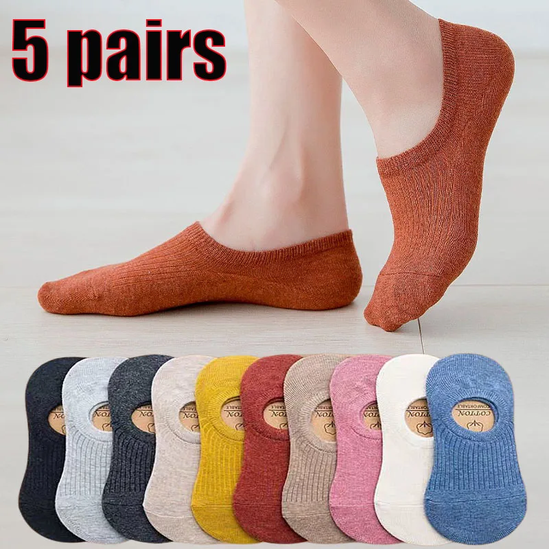 Top Trends: 5pairs Women Invisible Boat Socks Summer Ultra-thin Cotton Sock Breathable Silicone Non-slip Ankle Low Girls Sox Calcetines Shoppable Styles