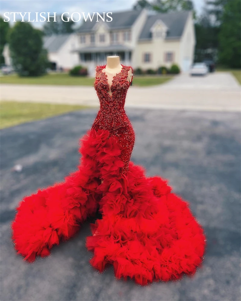 Top Trends: Red O Neck Long Prom Dress For Black Girls 2023 Beaded Crystal Birthday Party Dresses Ruffles Evening Gowns Mermaid High Slit Shoppable Styles