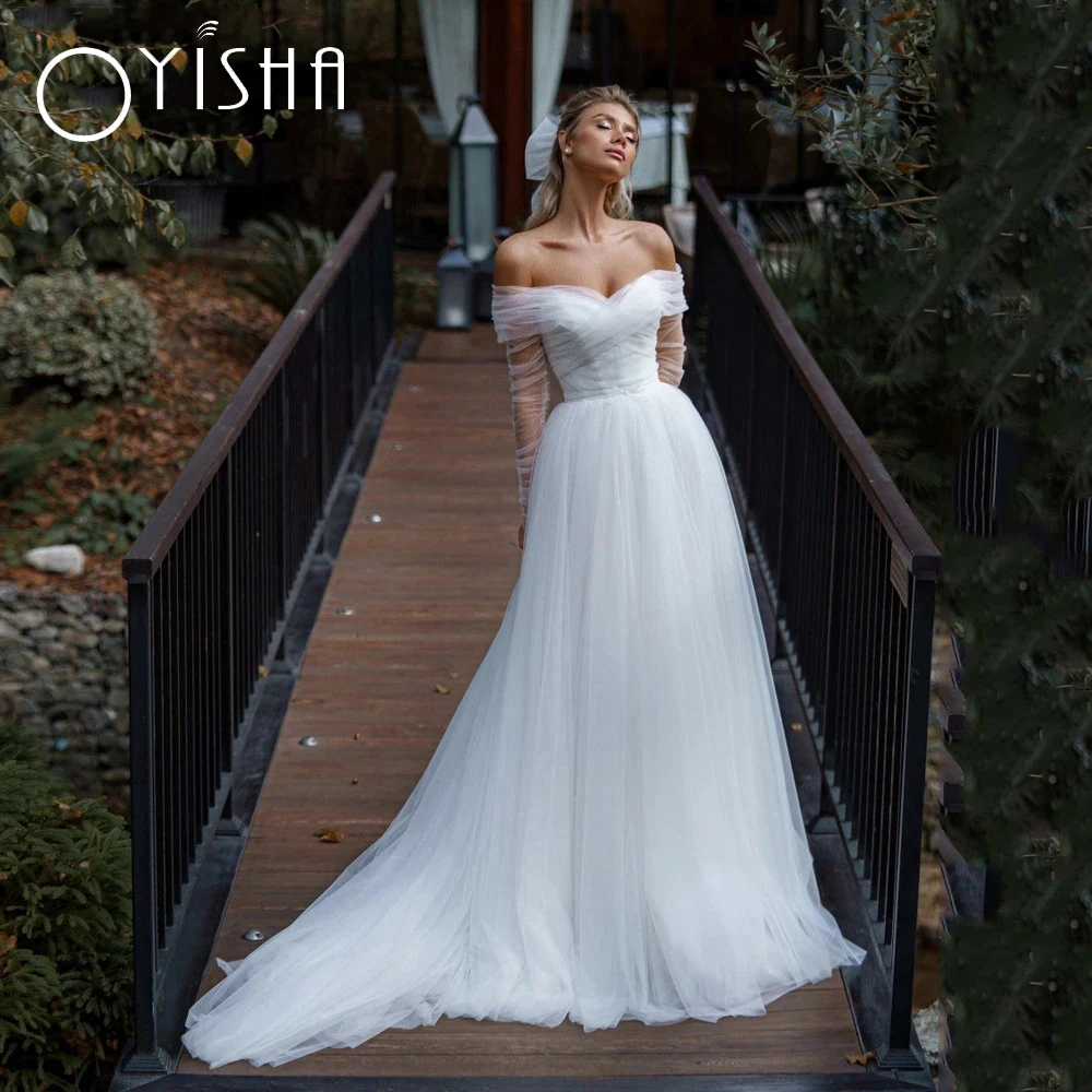 Top Trends: OYISHA Tulle Long Sleeves Wedding Dress 2024 Bride Off Shoulder Bohemian Bridal Dresses Simple Backless A-Line Vestido De Novia Shoppable Styles