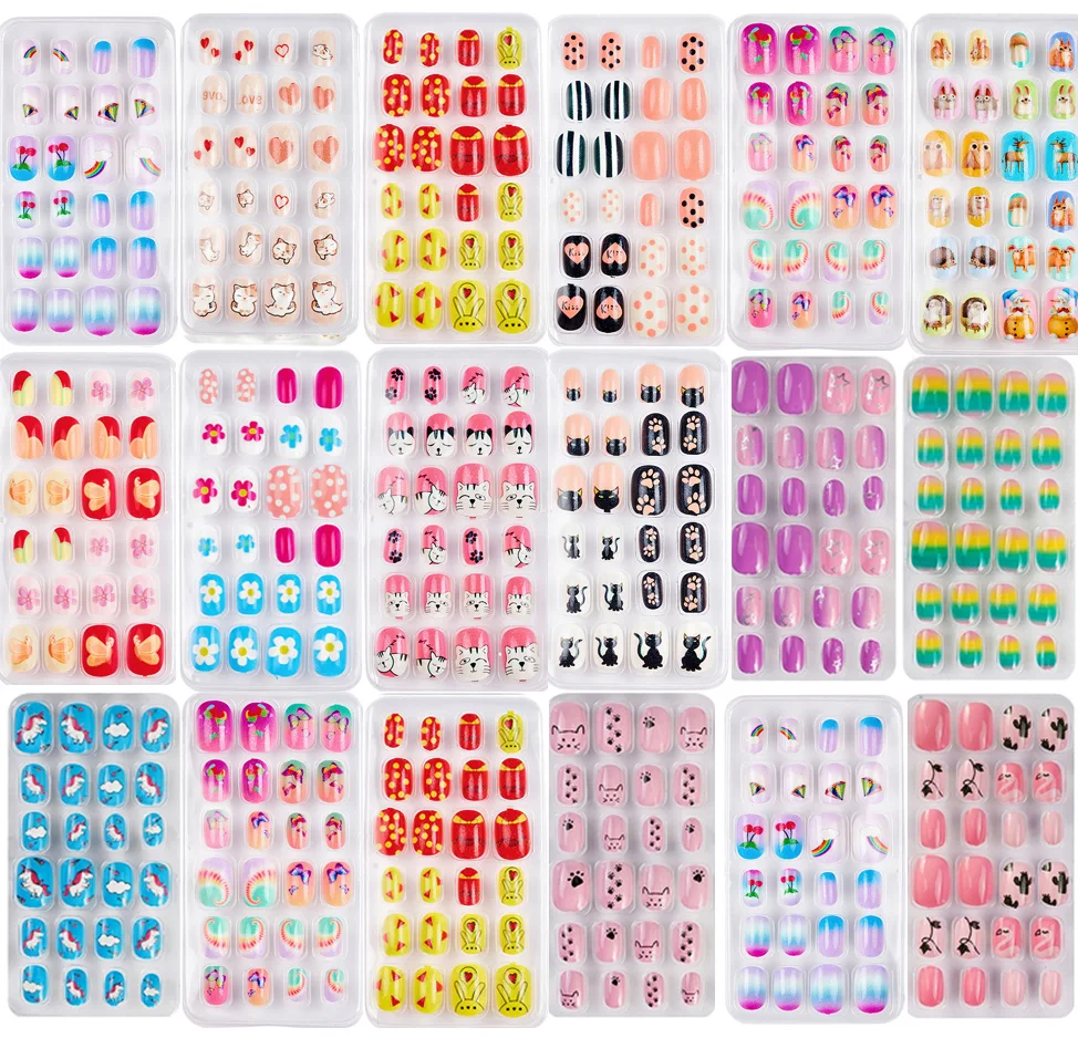 Top Trends: 24Pcs / Box Cartoon Children Fake Nails Colorful Cute Cat / Butterfly / Flowers Nail Tips With Tape&Rubbing Strips Girl Fake Tips Shoppable Styles