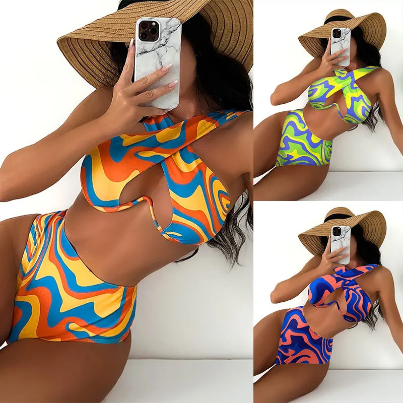 Top Trends: 2023 Women'S Sexy Printed Neck Two Piece Swimsuit Wave Designer Halter Cross High Waist Shoppable Styles