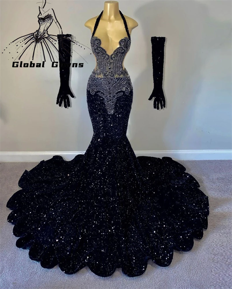 Top Trends: Halter Long Prom Dress For Black Girls Beaded Crystal Diamond Birthday Party Dresses Sequined Evening Gown With Gloves Robe Shoppable Styles