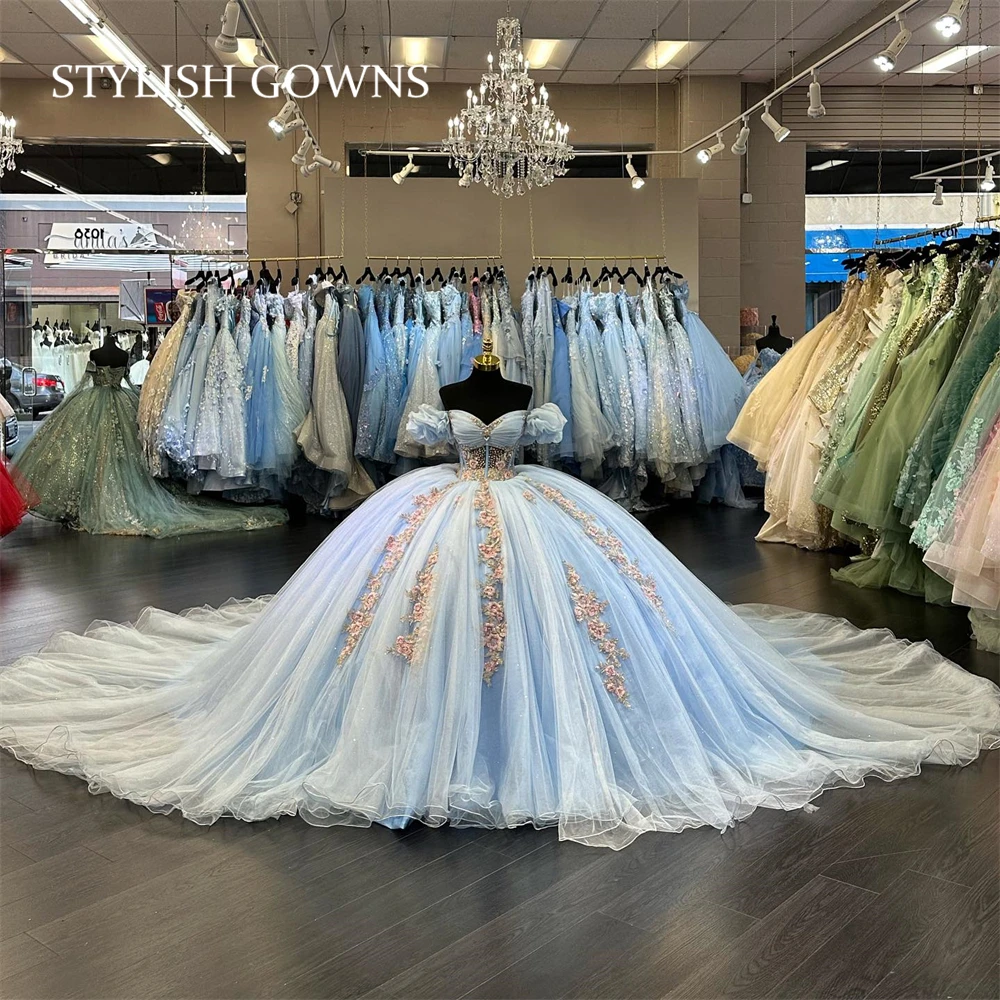 Top Trends: Mexico Sky Blue Off The Shoulder Ball Gown Quinceanera Dresses For Girls Beaded Appliques Party Gowns Pleats Sweet 16 15 Shoppable Styles