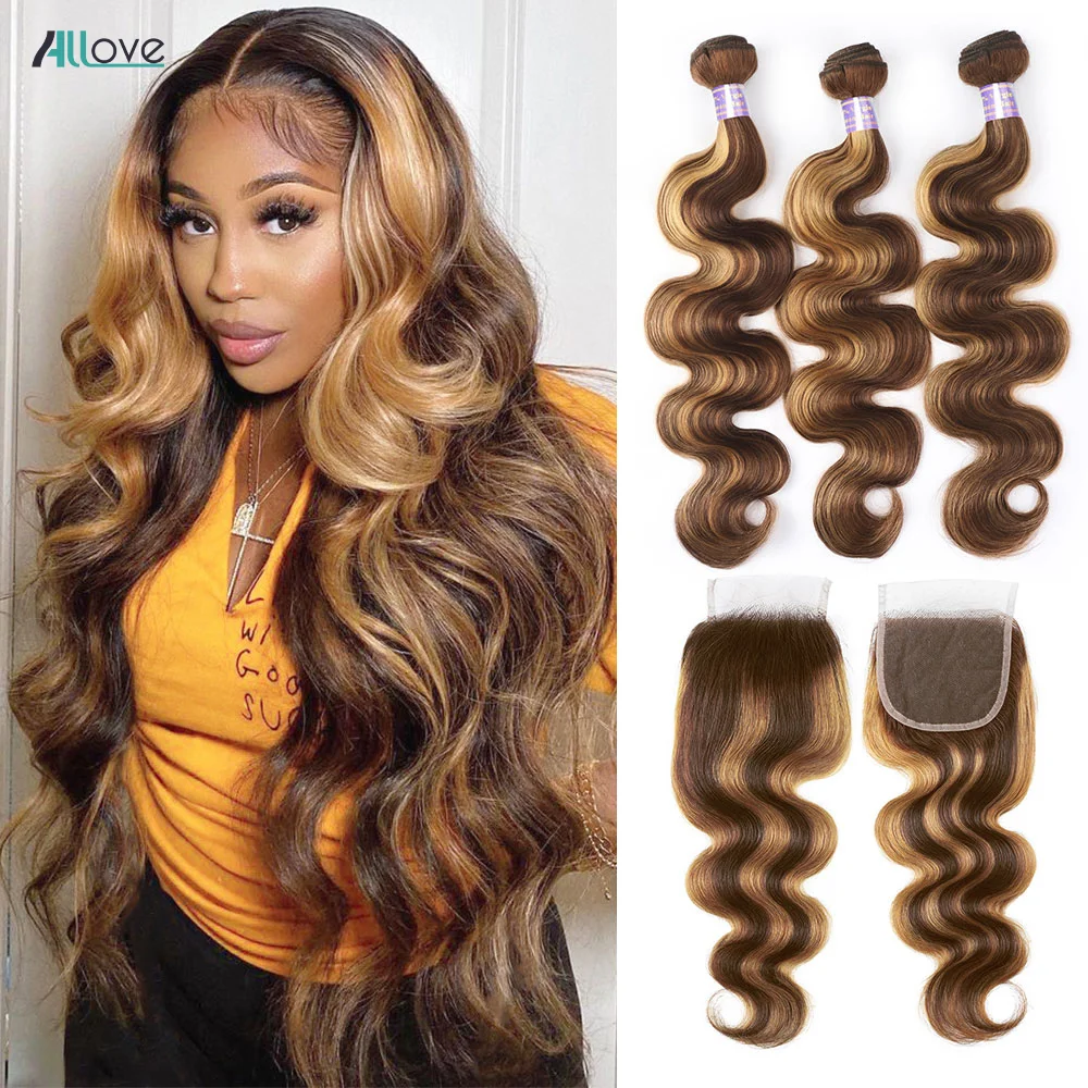 Top Trends: Allove Highlight Bundles With Closure Brazilian Ombre Body Wave Bundles With Closure P4 / 27 Brown Color Remy Hair Weave Bundles Shoppable Styles