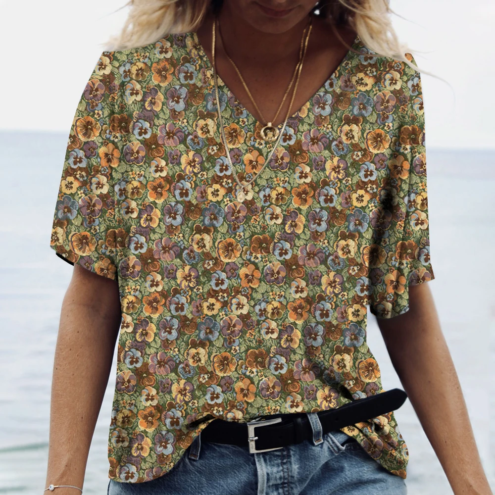 Top Trends: 2023New Fashion 3D Flower T-shirt Women's Casual V-Neck Short Sleeve Sports Top Loose Retro Versatile Y2K Clothing European Size Shoppable Styles