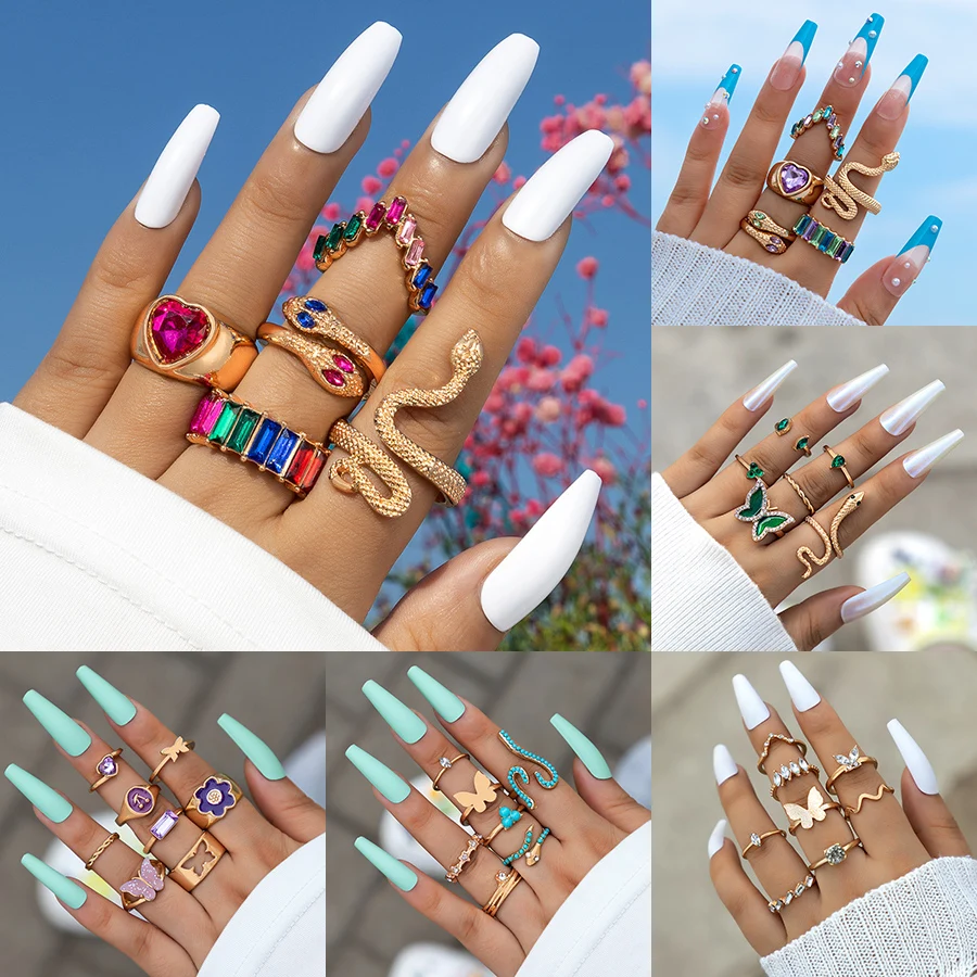 Top Trends: Colorful Crystal Snake Shape Ring Set For Women Fashion Butterfly Heart Gold Color Geometric Rings Female Wedding Finger Jewelry Shoppable Styles