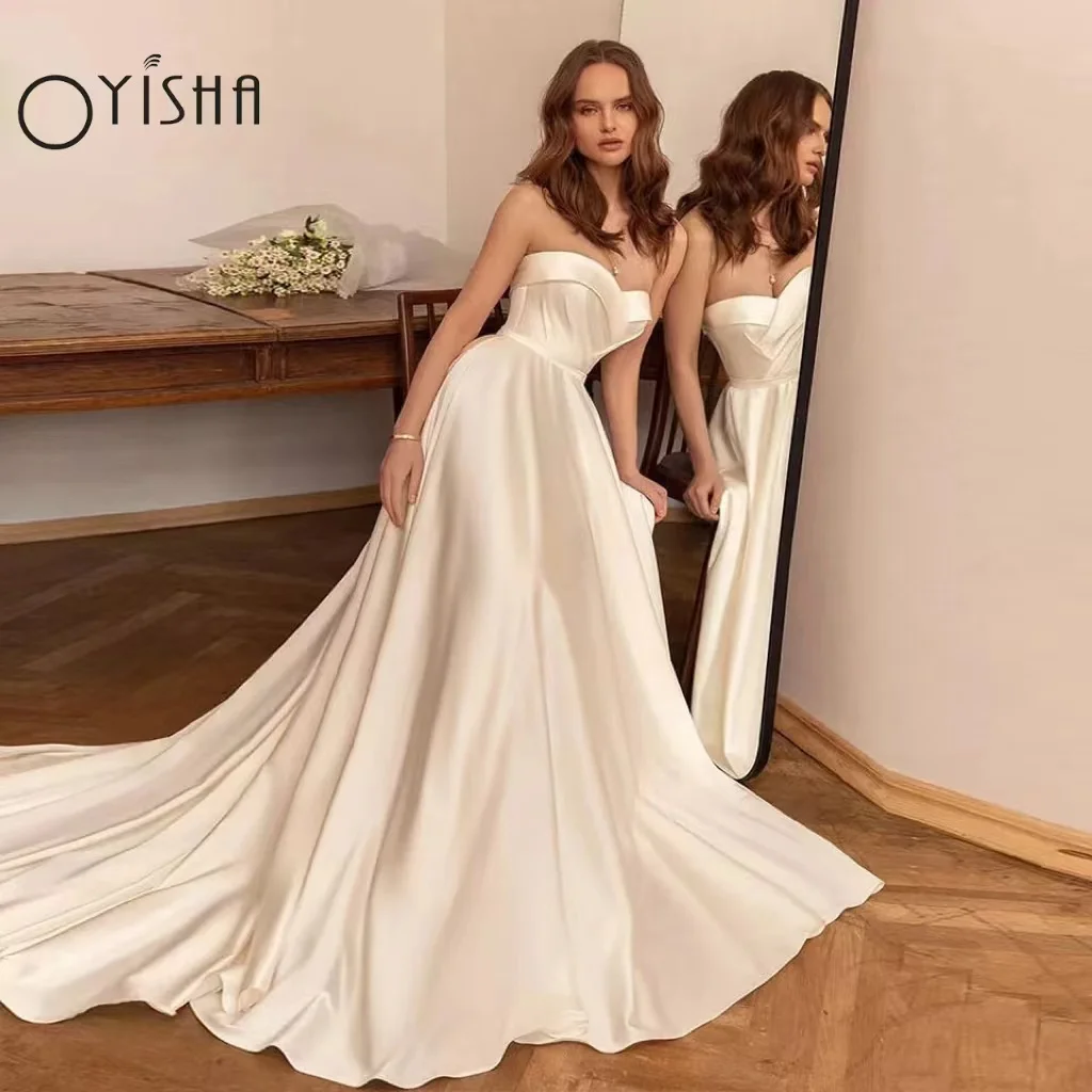 Top Trends: OYISHA Sexy Sweetheart Satin Vintage Wedding Dress For Women 2023 Simple Backless Sweep Train A Line Bridal Gown Robe De Mariée Shoppable Styles - Image 2