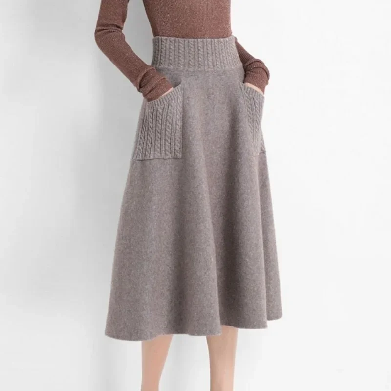 Top Trends: Wool Knitted Pleated Midi Skirts Women Solid High Waist A Line Skirt Autumn Winter Korean Elegant Pocket Slim Casual Skirt Shoppable Styles