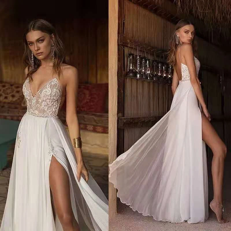 Top Trends: Boho Wedding Dress Sexy Slit Beach Wedding Dress V Neck Bridal Gown Spaghetti Strap Chiffon Backless Vestido De Noiva Brautkleid Shoppable Styles